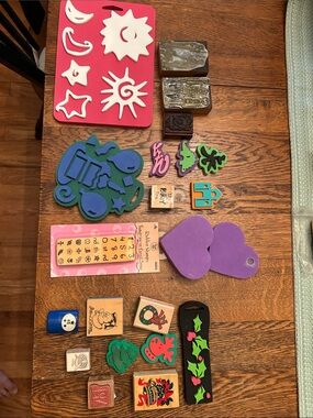 Assorted Craft Foam, wood, Rubber Stamps-Sun, Moon, Hearts, PartyCake, Christmas